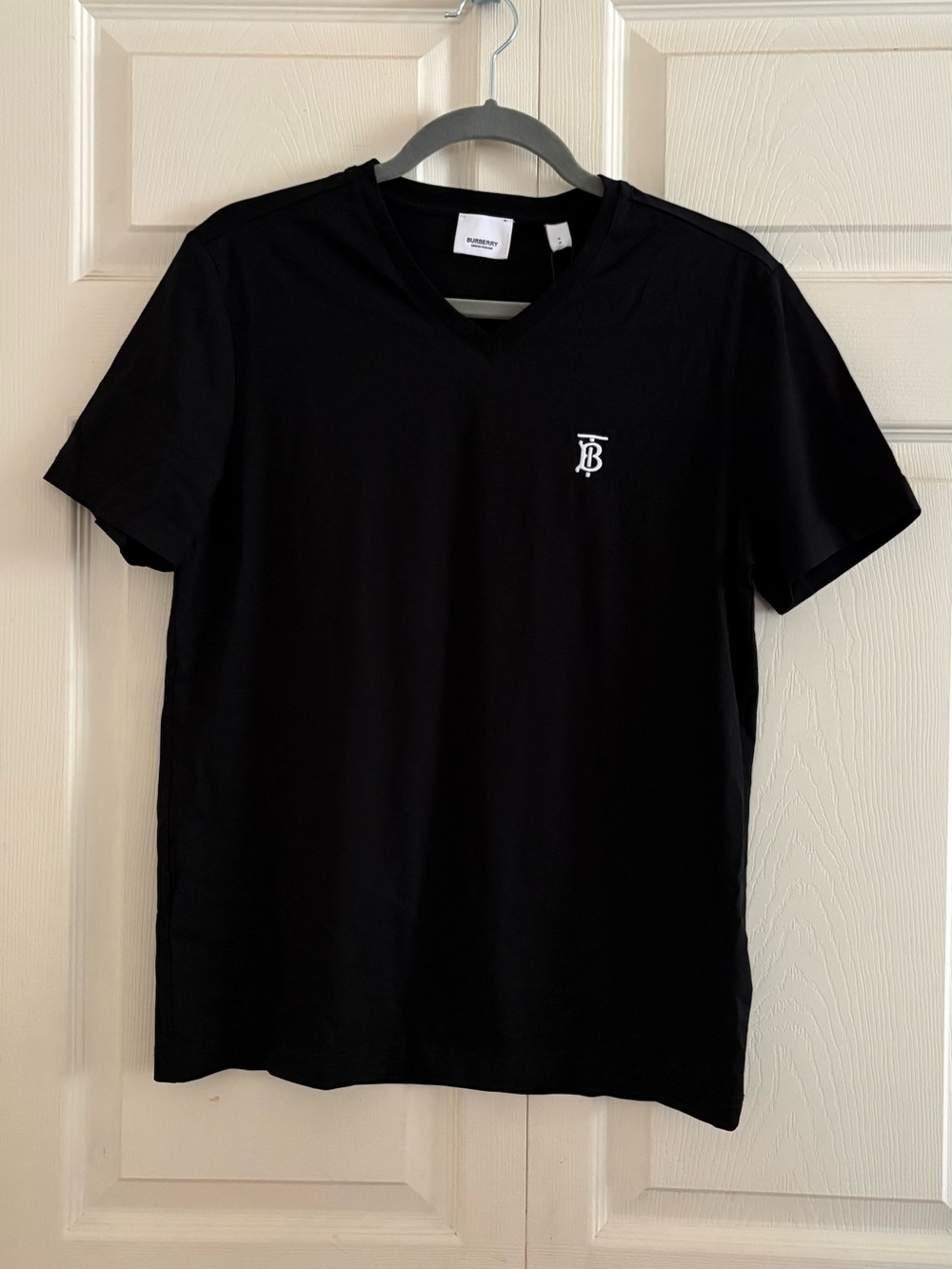 Burberry Black V-Neck Tee with White TB Monogram